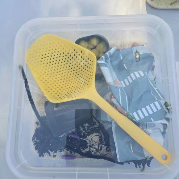Construction Sensory Bin w/ Yellow Scoop Truck Rice Beans & Accessories for Lear - Picture 2 of 5